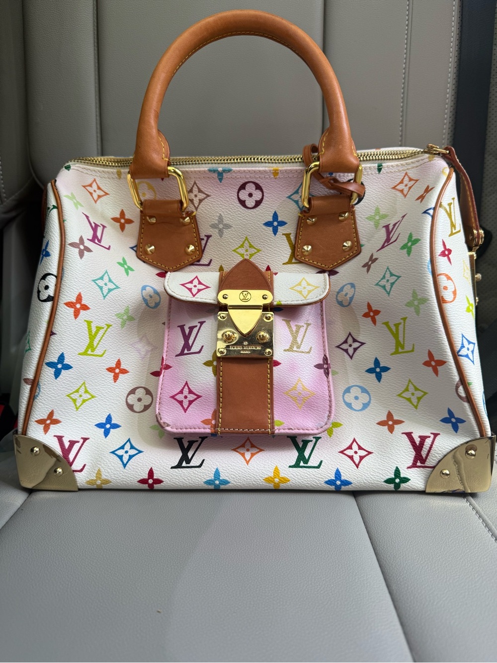 Louis Vuitton White Multicolor Monogram Satchel with Pink Pocket and Tan Handles